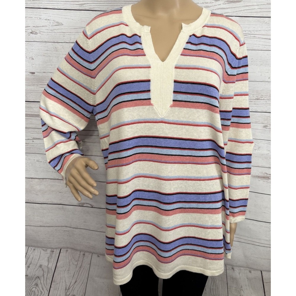 NWT Talbots Linen Blend Sweater Petite XL Thin Knit Pink Blue White Striped Knit